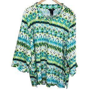 Ali Miles Womens blue green Geometric Pattern Linen art to wear Tunic top 3X